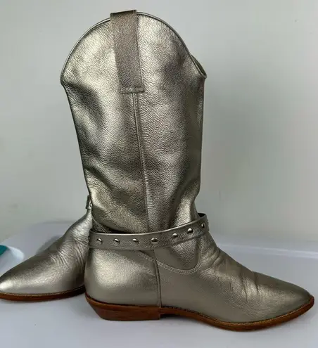 Vtg Y2K 9West Champagne Metallic Western Riding Boots Sz 8 Buckle Cowgirl Silver