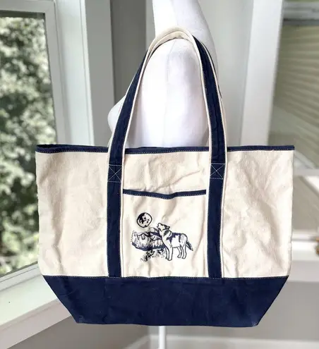 Vintage Ivory Navy Blue Embroidered Wolf Boat Oversized Tote Bag Fisherman Style