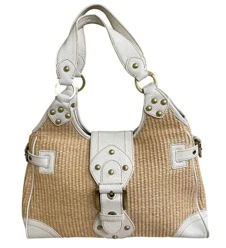 Rafe Woven Straw Hobo Bag White Leather Trim Studded Accents Cute Chic Purse Tan