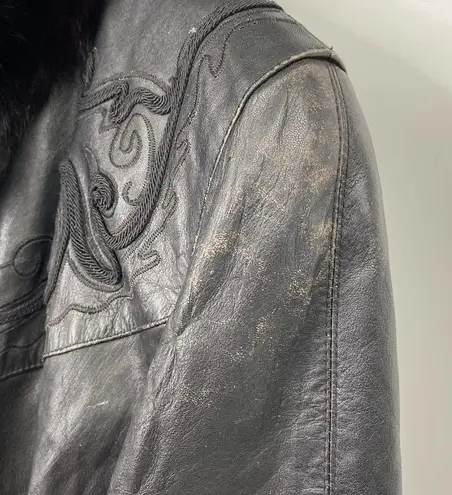 Vintage Leather Penny Lane Style Long Coat Black Real Fur Trim Womens Small