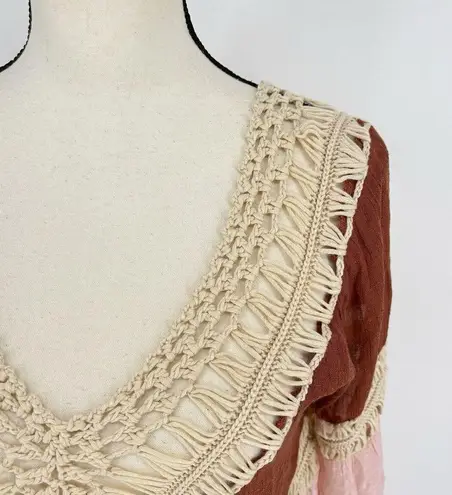 GORGEOUS M/L Brown/Pink Ivory Crochet Beach Pool Cover Up Hi Lo Hem Boho Hippie Pink Size M