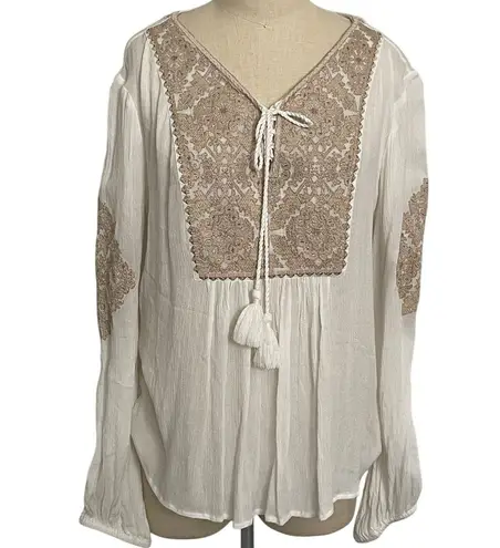 SUNDANCE Palace Pathway Tunic Ivory Gold Embroidered Tassel Tie Lace