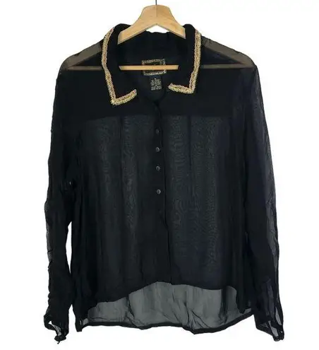 April Cornell Black Lace Collar Sheer Long Sleeve Button Down M Size M