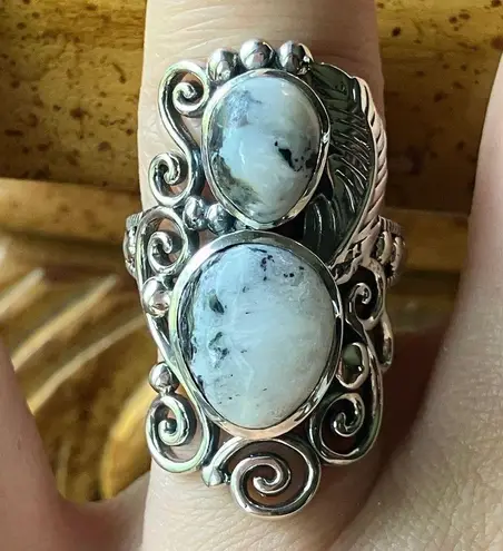 Artistic White Buffalo Sterling Silver Feather Ring Size 6.75 Black