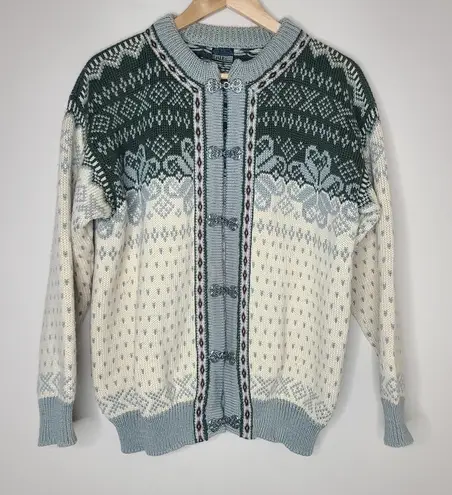 DALE OF NORWAY Fair Isle Wool Knit Clasp Ski Cardigan Sweater Cream Green US L Green Size L