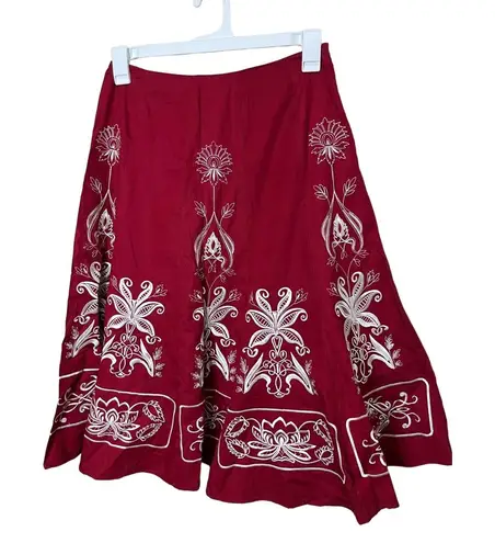 Sunny Leigh Skirt Womens Size 8 Red Flare Embroidered Floral Cotton Boho