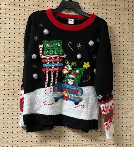 Holiday Time Christmas Santa And Elves Retro Ugly Tacky Sweater Glitter Quirky