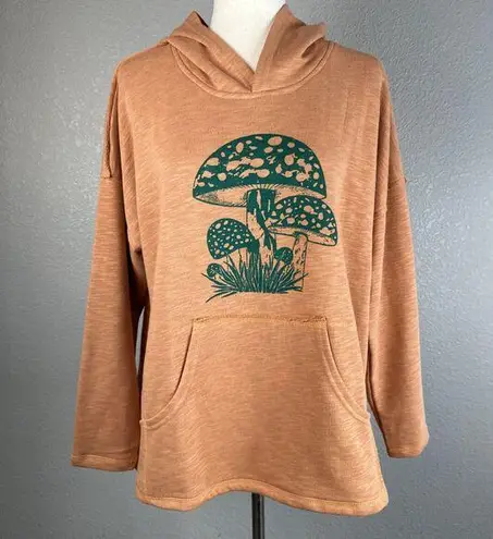 Yak & Yeti Mushroom Print Hoodie Sweatshirt w Pocket Orange Cotton French Terry Size M