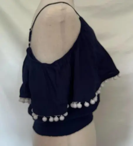 Papaya  Crop Womens Top Size Large Sleeveless Tank Tassel Pom Pom Puffs Blue