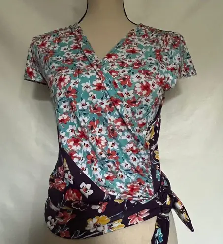 Loveappella Faux Wrap Floral Top Size XS Blue Purple Colorblock Stretch Tie Boho