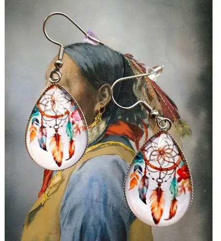 Native American Dreamcatcher Earrings New Teardrop Feathers Reservation … White