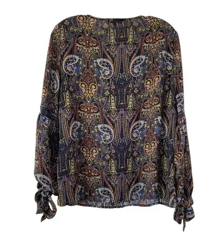 Rose + Olive Paisley Flowy Boho Top Womens Size Medium Balloon Tie Sleeve Retro