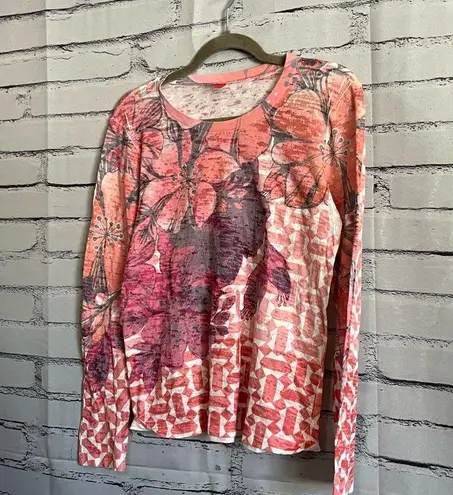 Before + Again Red White Floral Graphic Longsleeve Top S Y2K Relaxed Vibrant Orange