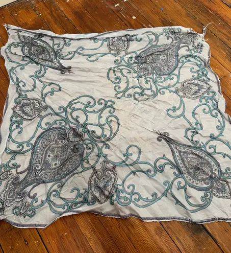 White Blue Grey Paisley Embroidered Scarf Shawl Wrap Lightweight Sheer Boho