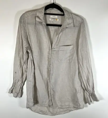 C&C California C & C California Womens M 100% Linen Button Up Blouse Long Sleeve Tan Beach - Image 1