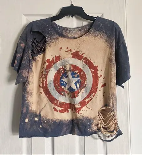 Marvel Captain America Cropped Cotton Tee Custom Bleach Splatter Crop Top