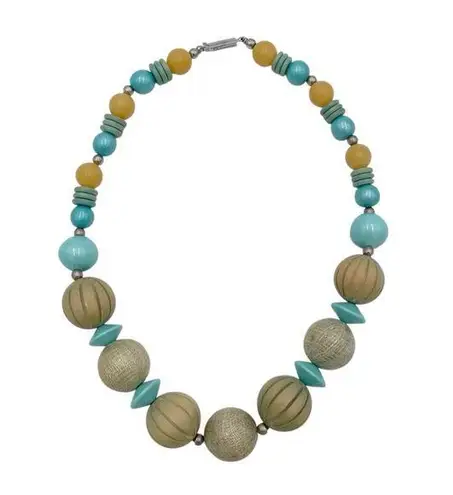 Vintage Chunky Wooden Circle Beads Mixed Materials Necklace Teal Blue Beige Boho Tan
