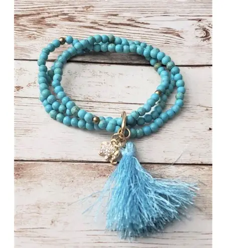 Vintage Bracelet / Bangle Stretchy Turquoise Tone with Tassel & Elephant Blue