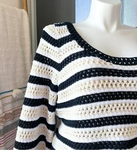 Apiece Apart Black White Striped Open Crochet Knit Slouchy Pullover Sweater XL