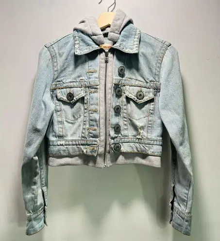 Z Cavaricci Size XS Distressed Cropped Denim Jacket Sweatshirt Removable Hoodie Blue
