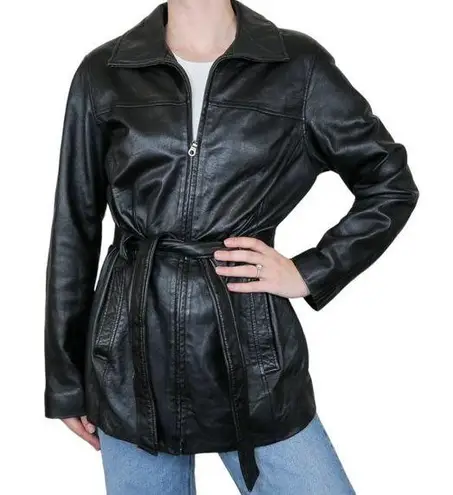Jacqueline Ferrar Vintage 80s Black Leather Belted Jacket