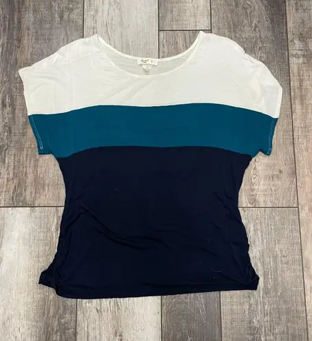 Love j Short Sleeve Color Block Striped Blouse Size Large Teal Navy Blue White