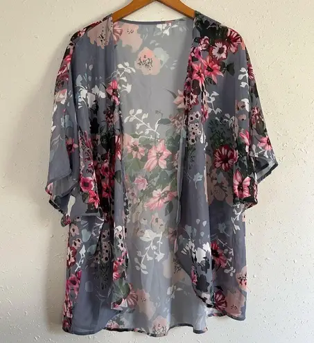 🦋 Blue Pink Kimono Beach Coverup Hawaiian Floral Vacation Large Lightweight