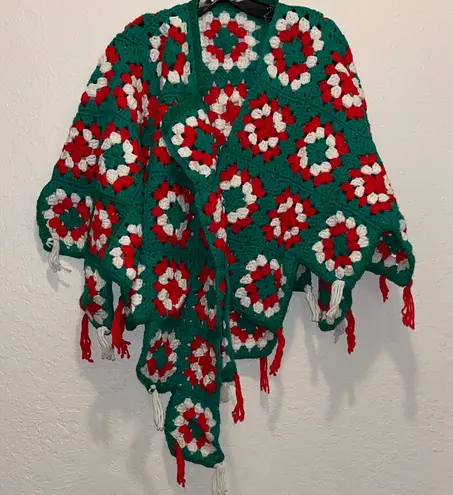 Vintage handmade Granny Square Green and Red Crochet Shawl