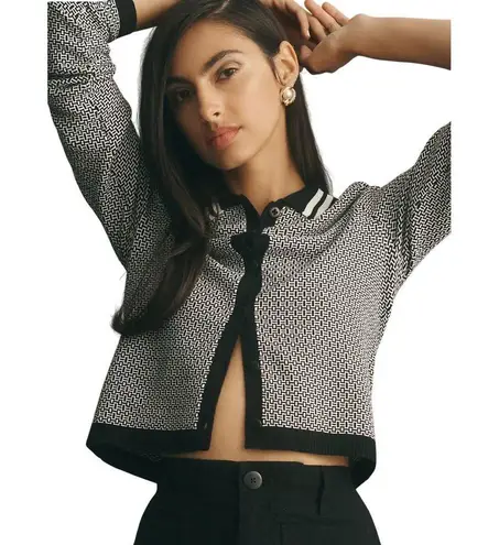 Anthropologie  Maeve Preppy Black/White Cropped Plunging Polo Cardigan Size Small