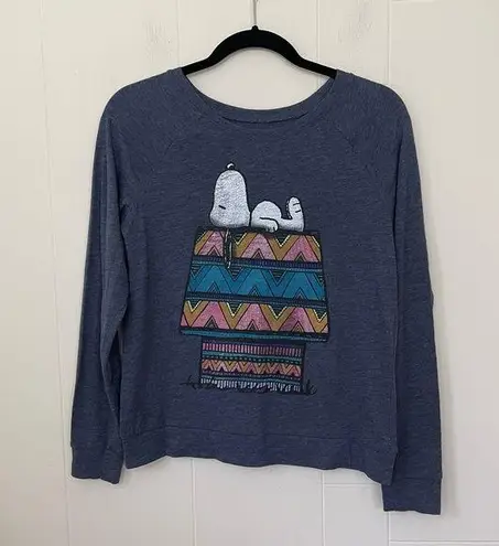 Peanuts Blue Grey Long Sleeve Tee Shirt ~ Snoopy Graphic Boho Doghouse ~ Size S