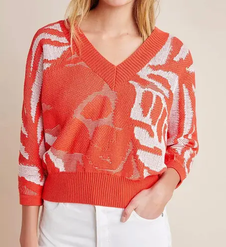 Callahan New Anthropologie Jacquard Knit V-Neck Sweater Tangerine Size Small