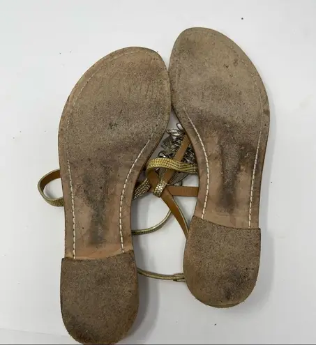 Aerin golden peddle leather t strap sandals with fish scale gem designs 6.5