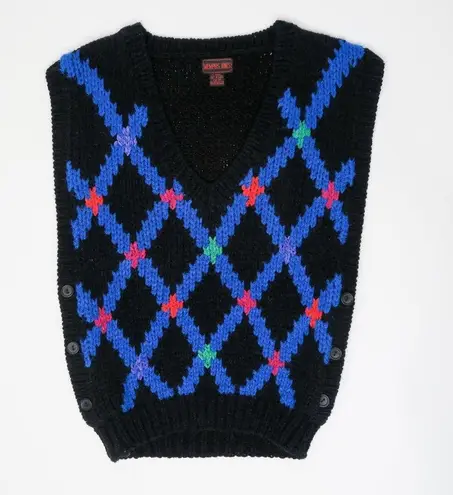 Vintage 70s Black Colorful Geometric Knit Sweater Vest Size M