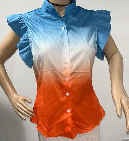 Chicme Flutter Sleeve Blouse with Mandarin Collar Blue Size M