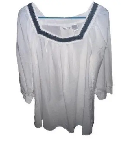 Harvé Benard Harve Bernard White & Black Front Pleaded Short Sleeve Square Neckline Blouse