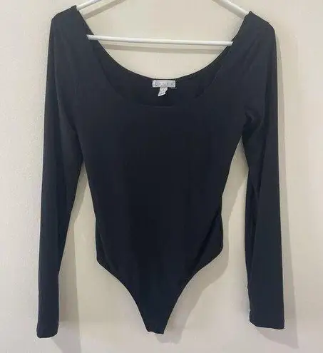 Leith  Bodysuit Black Scoop Neck Long Sleeve Stretch Top Women's Medium Thong