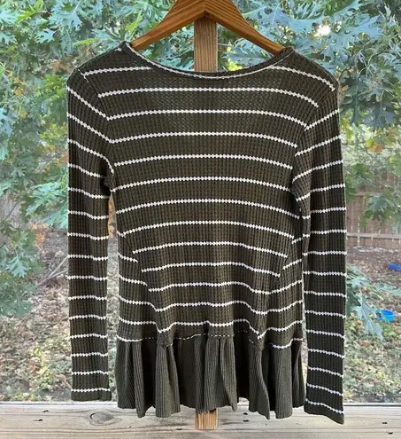 Anthropologie  Eri & Ali Green & White Striped Ruffled Knit Top Size XS