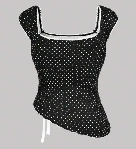 SheIn  Retro Black & White Polka Dot Asymmetric Hem Bowknot Women Tank Top