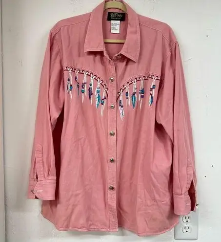 Bob Mackie Vintage Art To Wear Pink Embroidered Western Button Down Shirt 1X