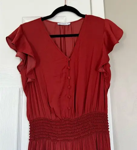 Current Air Smocked Pleated Jumpsuit Satin Women V-Neck Orange Rust Cap Sleeve