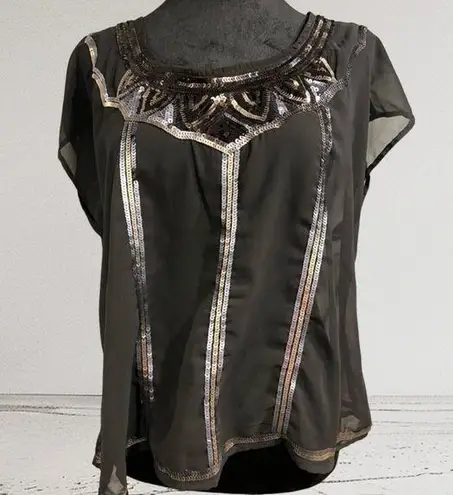 Decree Vintage Sheer Black Sequined Blouse Size L NWT