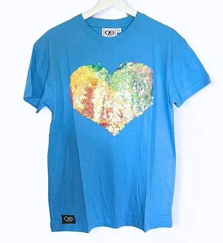 Queer Eye Vibrant Blue Short Sleeve Tee with Rainbow Sequin Heart, Size S