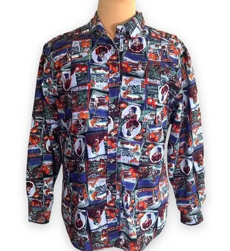 Vintage Mine & Bills Outfitters Shirt Western Button Up Retro Orange Crate Art Size L