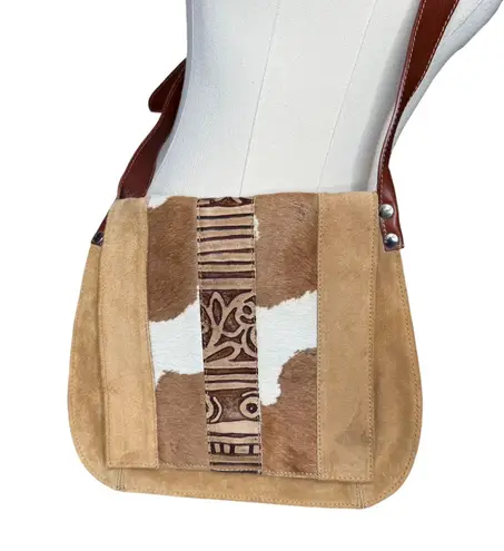 Claudia Firenze Leather and Suede Crossbody Bag Purse Tan Brown Cowhide Italy