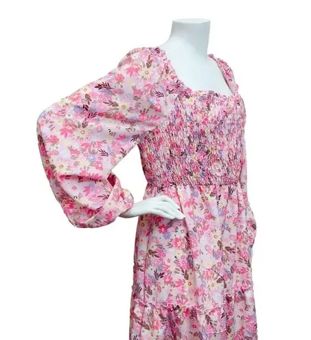 As You Wish Women’s 1X As U Wish Smocked Boho Bohemian Garden Pink Floral Tiered Midi Dress