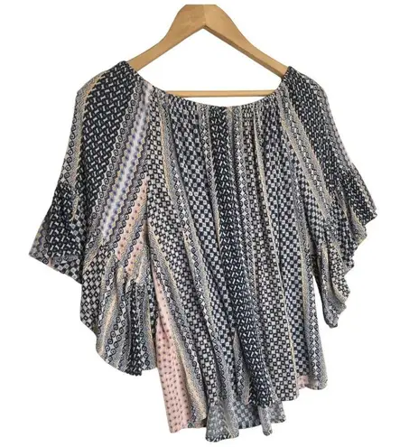 Bobeau Womens Size S Short Flutter Sleeve Flowy Top Geometric Print Blue