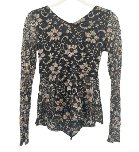 Womens Vampy Whimsigoth Dark Back Bow Lace Floral Long Sleeve Peplum Top Black Size XS