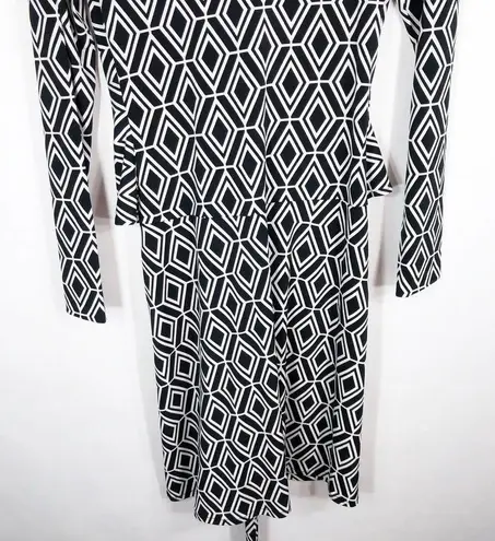 Cache  Small Dress Black White Diamond Print Knee Length Belted Long Sleeve 207