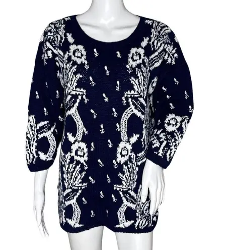 Jennifer Reed Sweater Womens Small Navy Blue White Floral Knitted by Hand Boho