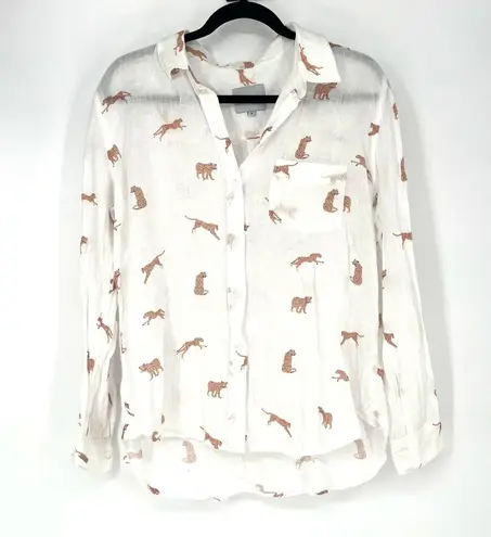 Rails Charli Shirt Women White Playful Cheetahs Print Linen Blend Button Medium